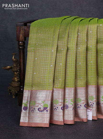Venkatagiri silk saree light green and sandal with allover silver small zari checks & buttas and zari woven border