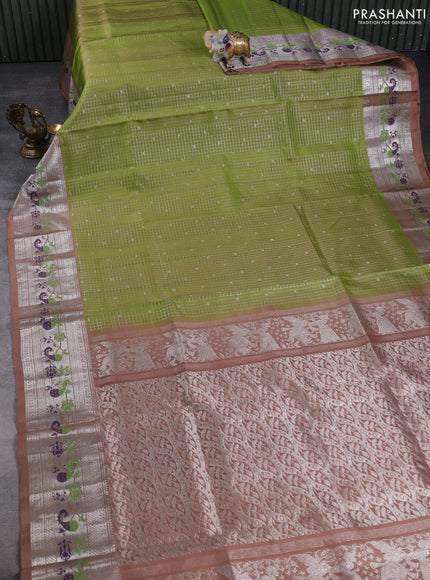 Venkatagiri silk saree light green and sandal with allover silver small zari checks & buttas and zari woven border