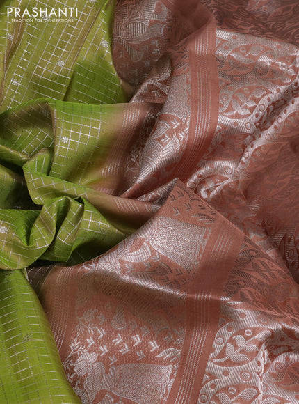 Venkatagiri silk saree light green and sandal with allover silver small zari checks & buttas and zari woven border