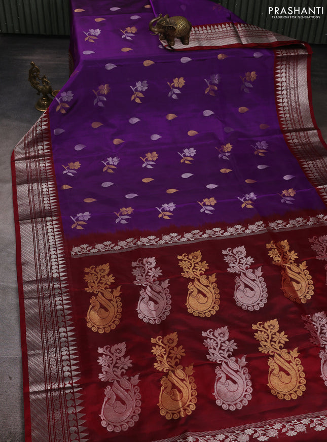Venkatagiri silk saree purple and maroon with allover zari woven buttas and silver zari woven border