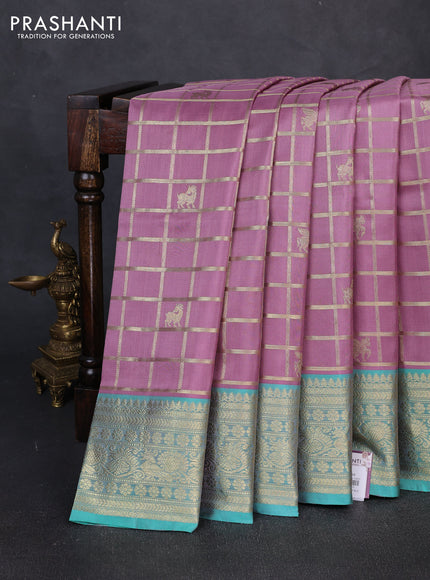 Venkatagiri silk saree pastel purple and teal green with allover zari checks & buttas and zari woven border