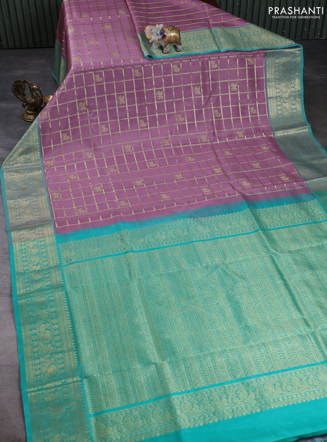 Venkatagiri silk saree pastel purple and teal green with allover zari checks & buttas and zari woven border