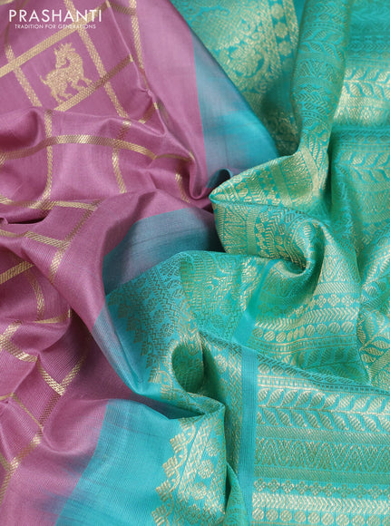 Venkatagiri silk saree pastel purple and teal green with allover zari checks & buttas and zari woven border