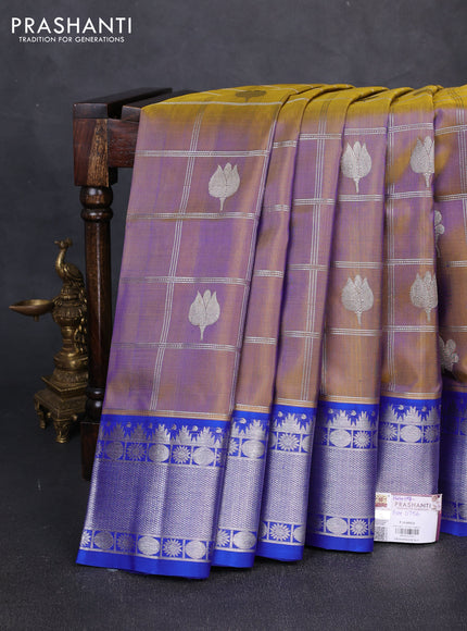 Venkatagiri silk saree dual shade of yellow and blue with allover zari checks & buttas and zari woven border