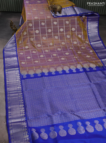 Venkatagiri silk saree dual shade of yellow and blue with allover zari checks & buttas and zari woven border