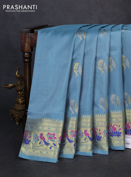 Venkatagiri silk saree pastel blue with allover zari woven buttas and zari woven muniya butta border