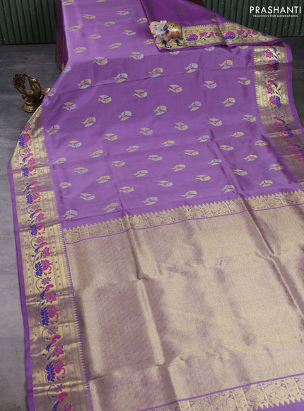 Venkatagiri silk saree lavender with allover zari woven buttas and zari woven muniya butta border