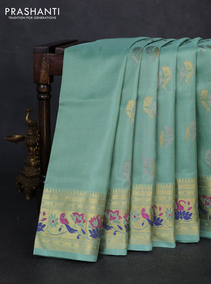 Venkatagiri silk saree pastel green with allover zari woven buttas and zari woven muniya butta border