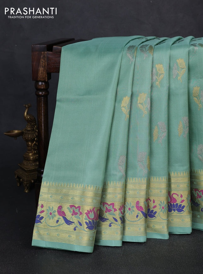 Venkatagiri silk saree pastel green with allover zari woven buttas and zari woven muniya butta border