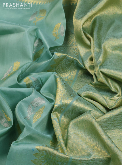 Venkatagiri silk saree pastel green with allover zari woven buttas and zari woven muniya butta border