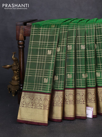 Venkatagiri silk saree green and coffee brown with allover zari checks & buttas and zari woven border