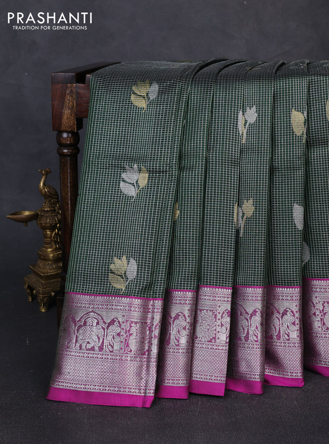 Venkatagiri silk saree green and pink with allover small zari checks & buttas and zari woven border
