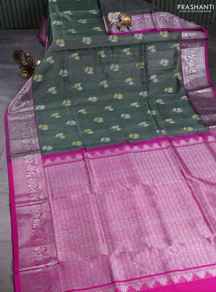 Venkatagiri silk saree green and pink with allover small zari checks & buttas and zari woven border