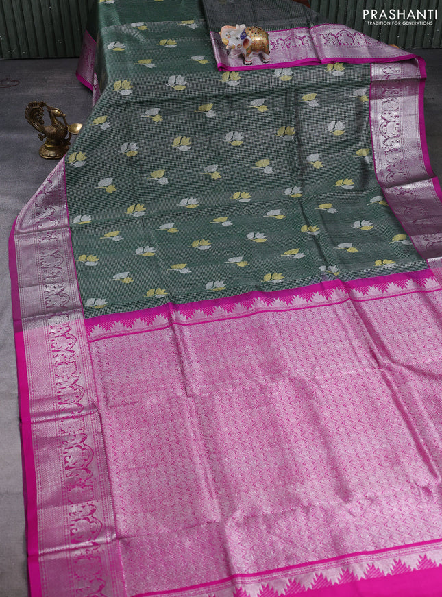 Venkatagiri silk saree green and pink with allover small zari checks & buttas and zari woven border