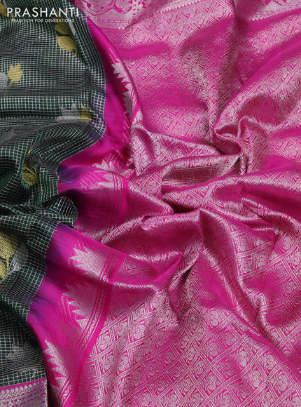 Venkatagiri silk saree green and pink with allover small zari checks & buttas and zari woven border