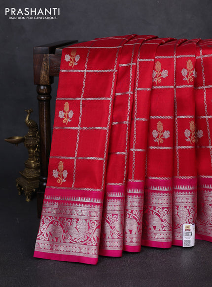 Venkatagiri silk saree red and pink with allover silver zari checks & buttas and zari woven border