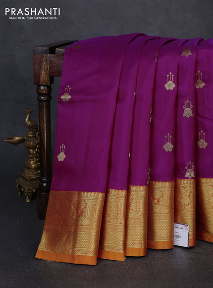 Venkatagiri silk saree magenta pink and mustard yellow with allover silver & zari woven buttas and peacock design zari woven border