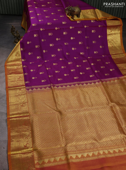 Venkatagiri silk saree magenta pink and mustard yellow with allover silver & zari woven buttas and peacock design zari woven border