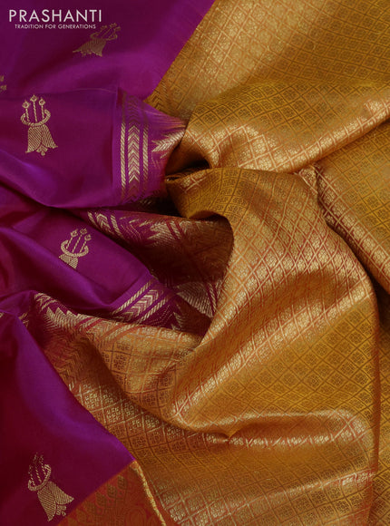 Venkatagiri silk saree magenta pink and mustard yellow with allover silver & zari woven buttas and peacock design zari woven border