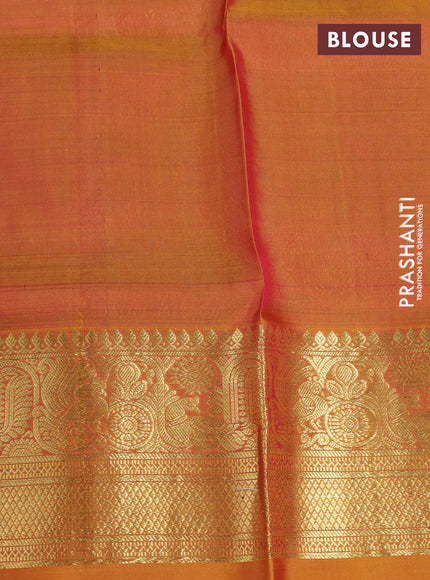 Venkatagiri silk saree magenta pink and mustard yellow with allover silver & zari woven buttas and peacock design zari woven border
