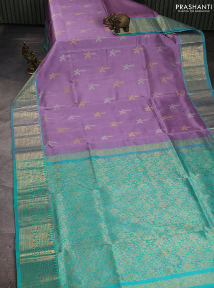 Venkatagiri silk saree rosy brown and teal green with allover silver & zari woven buttas and zari woven border