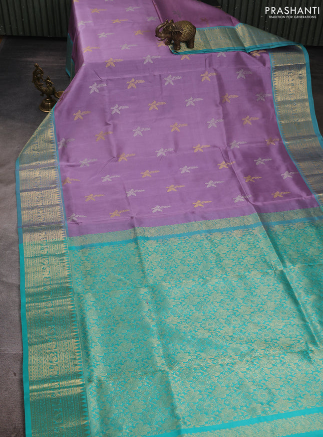 Venkatagiri silk saree rosy brown and teal green with allover silver & zari woven buttas and zari woven border
