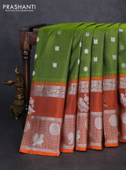 Venkatagiri silk saree mehendi green and orange with allover zari woven buttas and long zari woven border