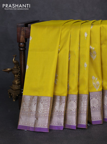 Venkatagiri silk saree mustard green and violet with allover zari woven buttas and zari woven border