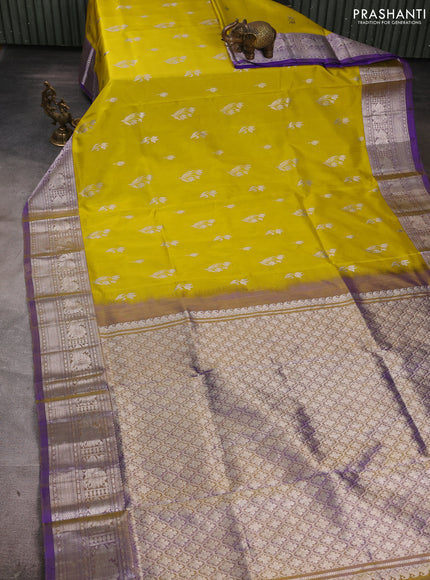 Venkatagiri silk saree mustard green and violet with allover zari woven buttas and zari woven border