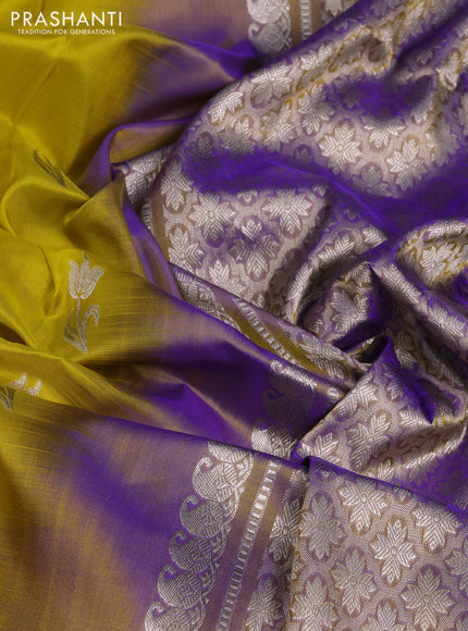Venkatagiri silk saree mustard green and violet with allover zari woven buttas and zari woven border