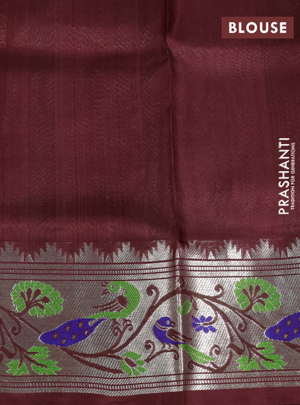 Venkatagiri silk saree pastel green and coffee brown with allover silver & zari woven buttas and peacock design zari woven border
