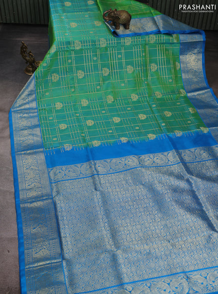 Venkatagiri silk saree dual shade of teal green and cs blue with allover zari checks & buttas and zari woven border