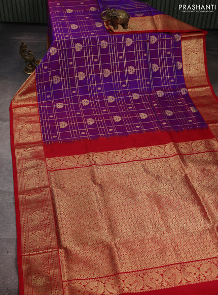Venkatagiri silk saree purple and red with allover zari checks & buttas and zari woven border