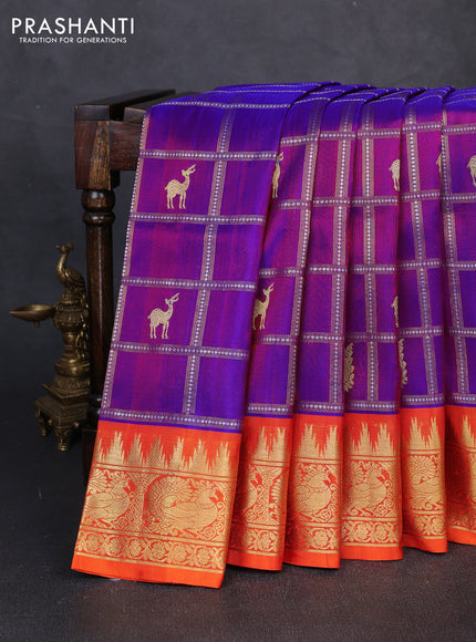 Venkatagiri silk saree purple and orange with allover zari checks & buttas and zari woven border