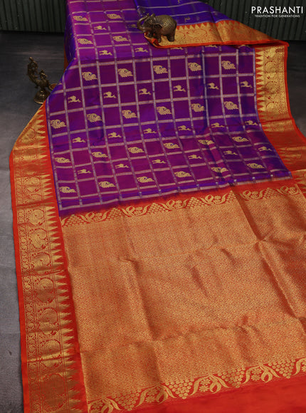 Venkatagiri silk saree purple and orange with allover zari checks & buttas and zari woven border
