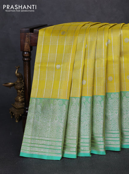 Venkatagiri silk saree yellow and green shade with allover silver zari checks & buttas and long zari woven border