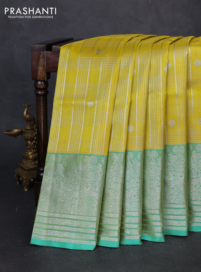 Venkatagiri silk saree yellow and green shade with allover silver zari checks & buttas and long zari woven border