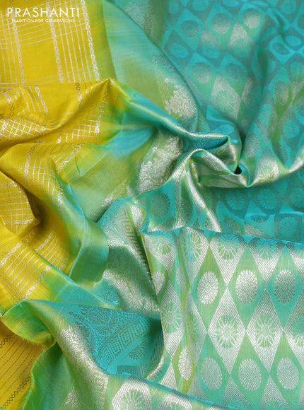 Venkatagiri silk saree yellow and green shade with allover silver zari checks & buttas and long zari woven border