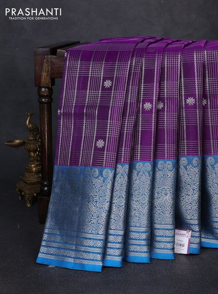 Venkatagiri silk saree purple and blue with allover silver zari checks & buttas and long zari woven border