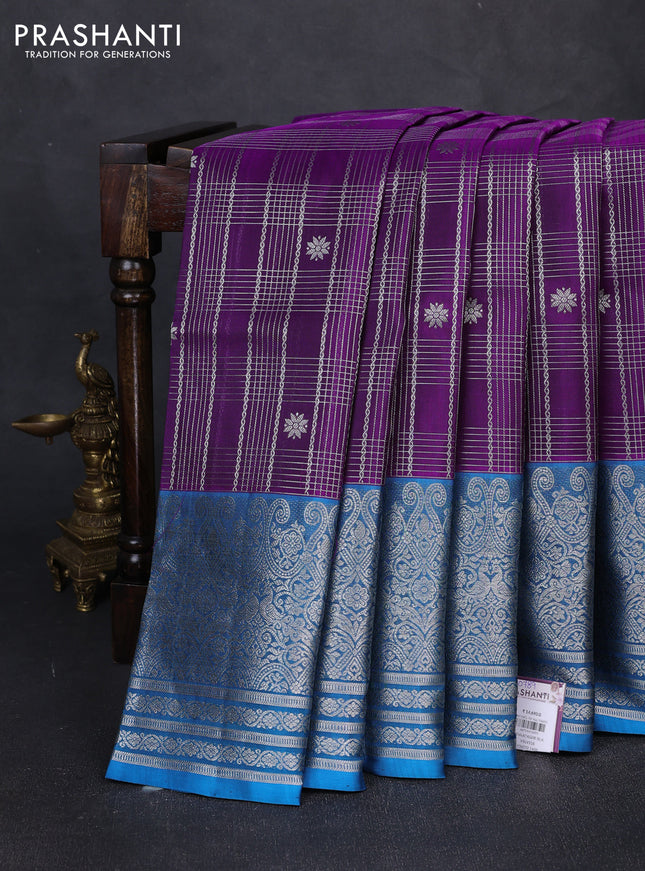 Venkatagiri silk saree purple and blue with allover silver zari checks & buttas and long zari woven border