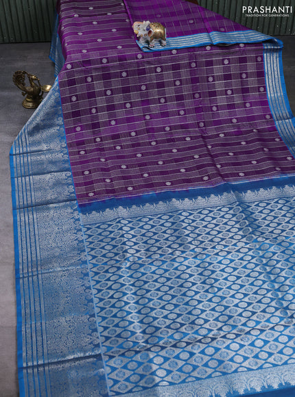 Venkatagiri silk saree purple and blue with allover silver zari checks & buttas and long zari woven border