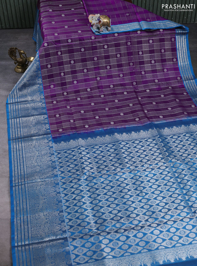 Venkatagiri silk saree purple and blue with allover silver zari checks & buttas and long zari woven border