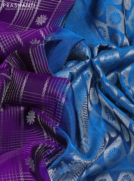 Venkatagiri silk saree purple and blue with allover silver zari checks & buttas and long zari woven border