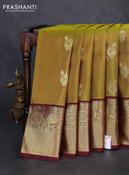 Venkatagiri silk saree mehendi green and coffee brown with allover zari woven buttas and long zari woven border