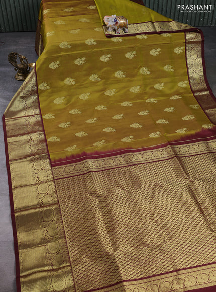 Venkatagiri silk saree mehendi green and coffee brown with allover zari woven buttas and long zari woven border