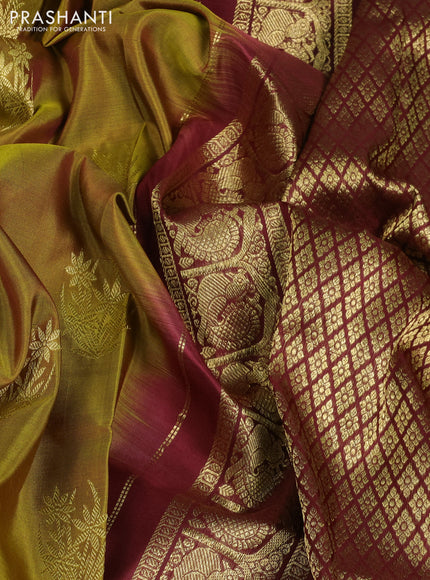 Venkatagiri silk saree mehendi green and coffee brown with allover zari woven buttas and long zari woven border