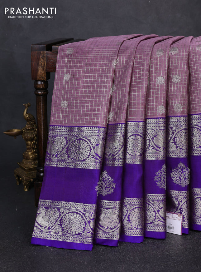 Venkatagiri silk saree rosy brown and royal blue with allover small zari checks & buttas and long rettapet zari woven border