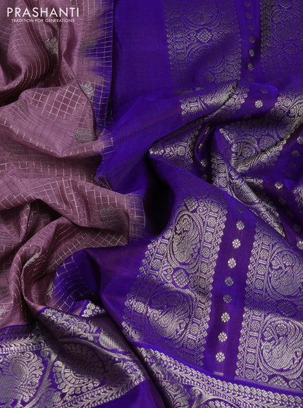 Venkatagiri silk saree rosy brown and royal blue with allover small zari checks & buttas and long rettapet zari woven border