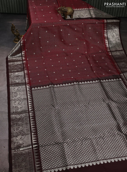 Venkatagiri silk saree maroon and coffee brown with allover small zari checks & buttas and silver zari woven border