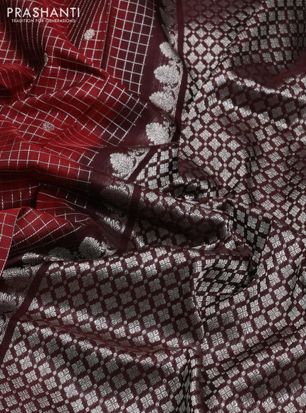 Venkatagiri silk saree maroon and coffee brown with allover small zari checks & buttas and silver zari woven border